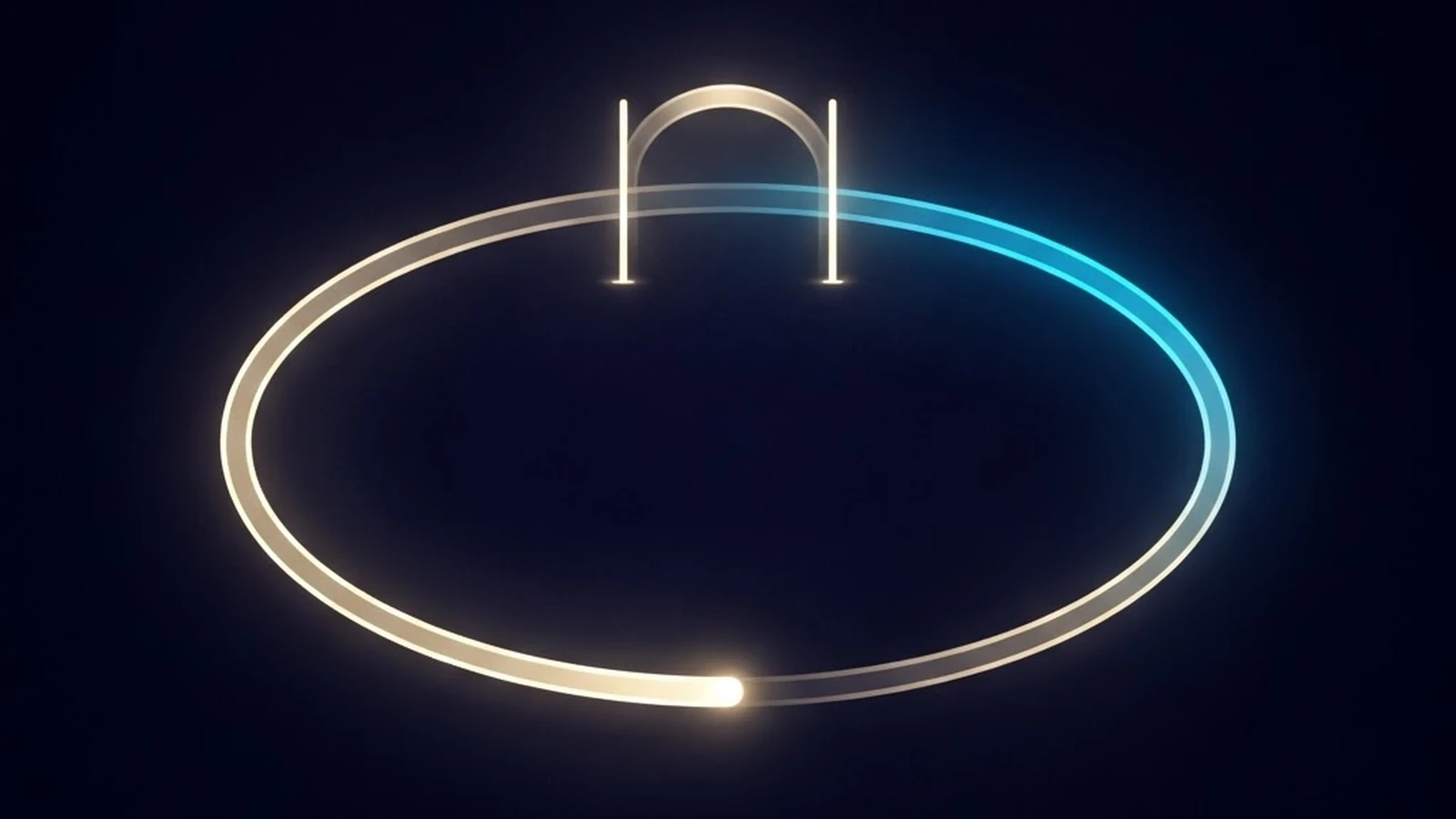 A looped path of light passing through a luminous gate and returning to its glowing origin.