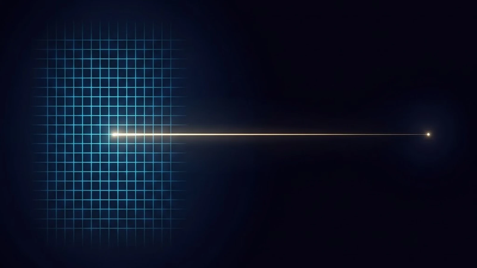One line of gold light departing an ordered blue grid toward a distant point.