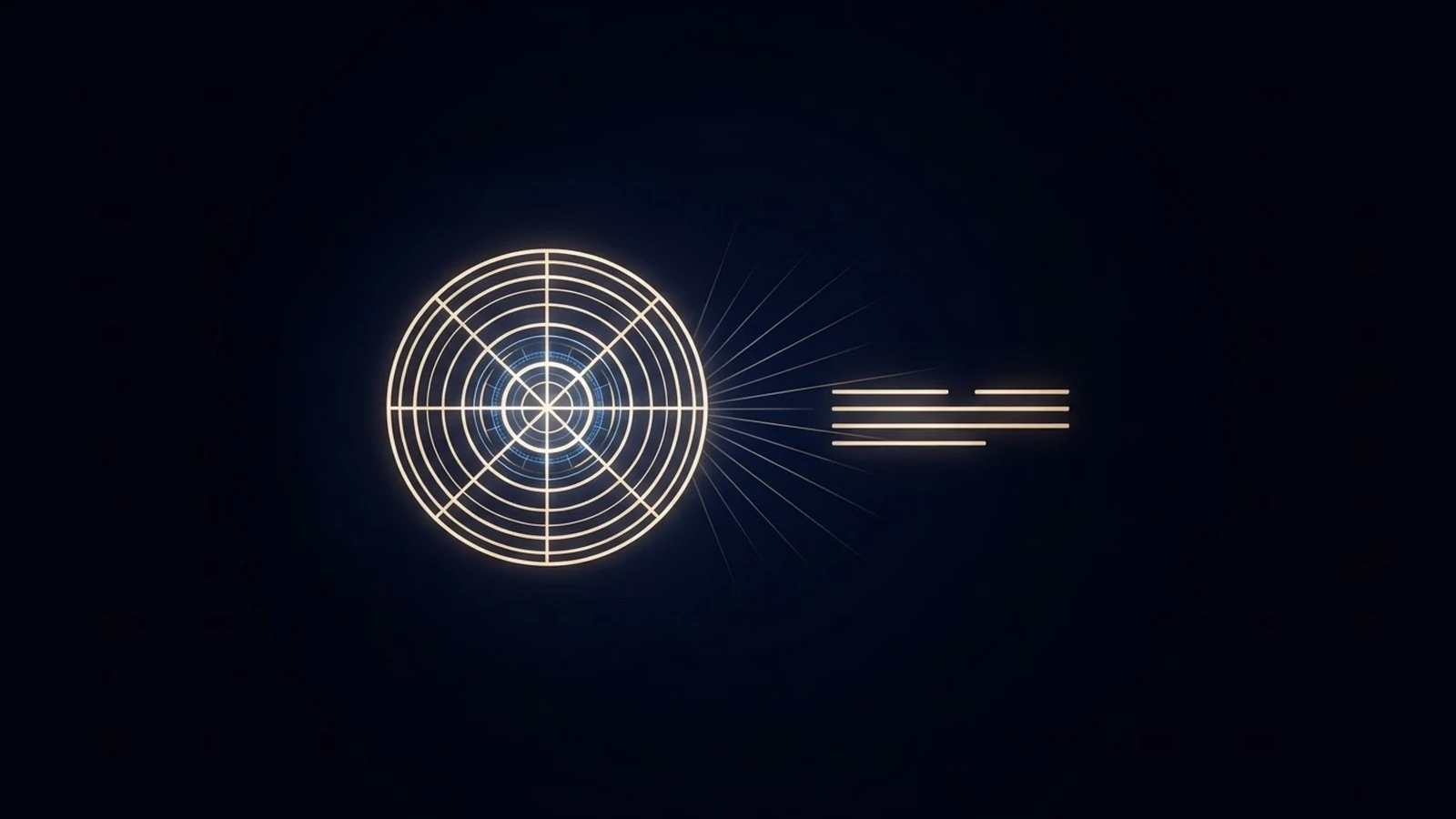 A circular geometric seal radiating light toward an abstract wordmark of gold strokes.