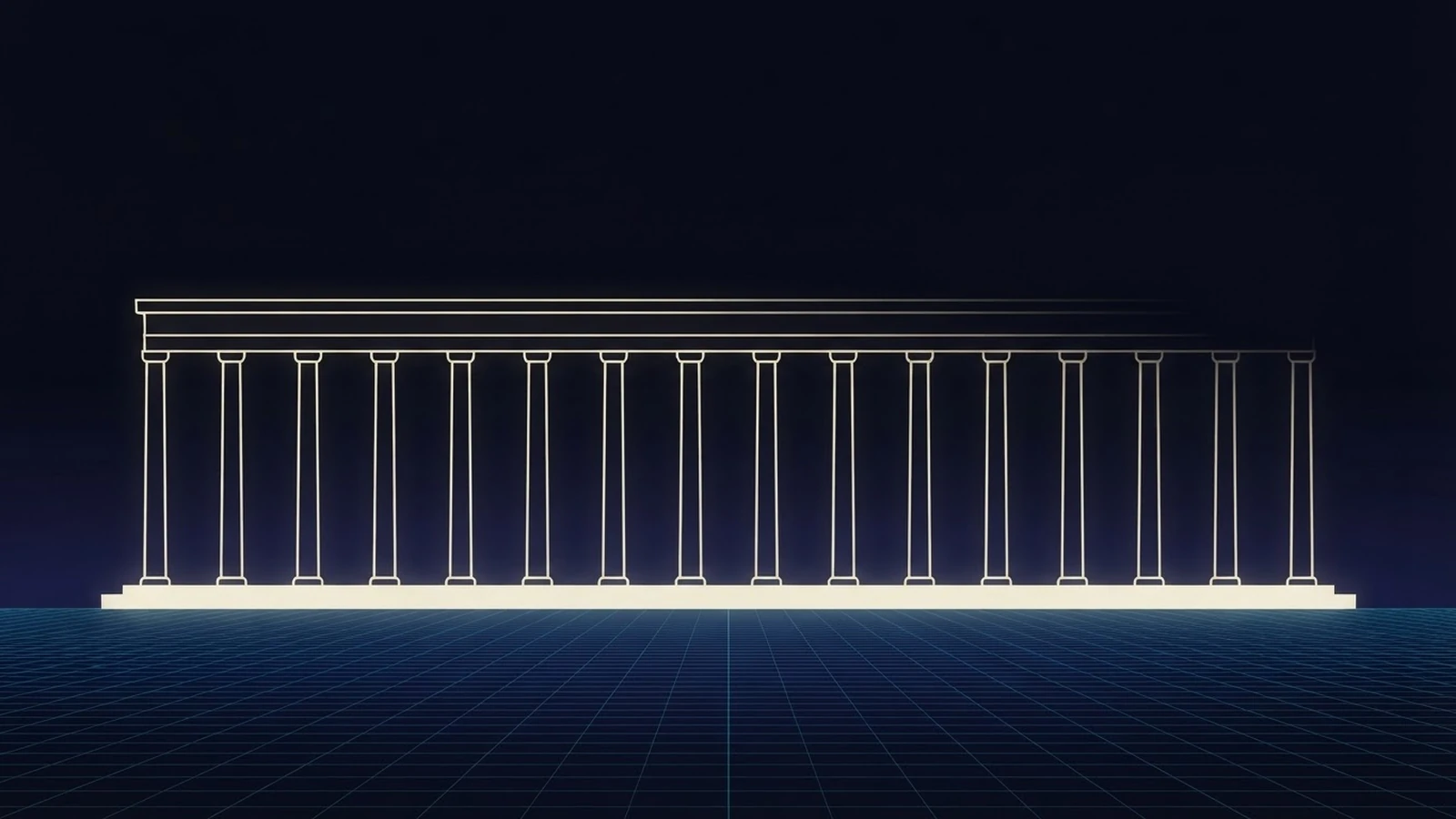 A line-drawn colonnade of light rising from a glowing foundation over a blue grid.